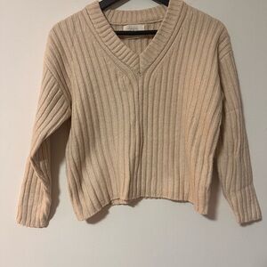 Zara Cream Sweater Pullover V-Neck Long Sleeve Casual Ribbed V-Neck Sweater